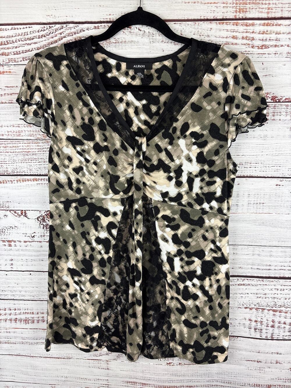 Y2K Alfani Black Tan Print V Neck Baby Doll Cap Sleeve Tunic Knit Top Womens S